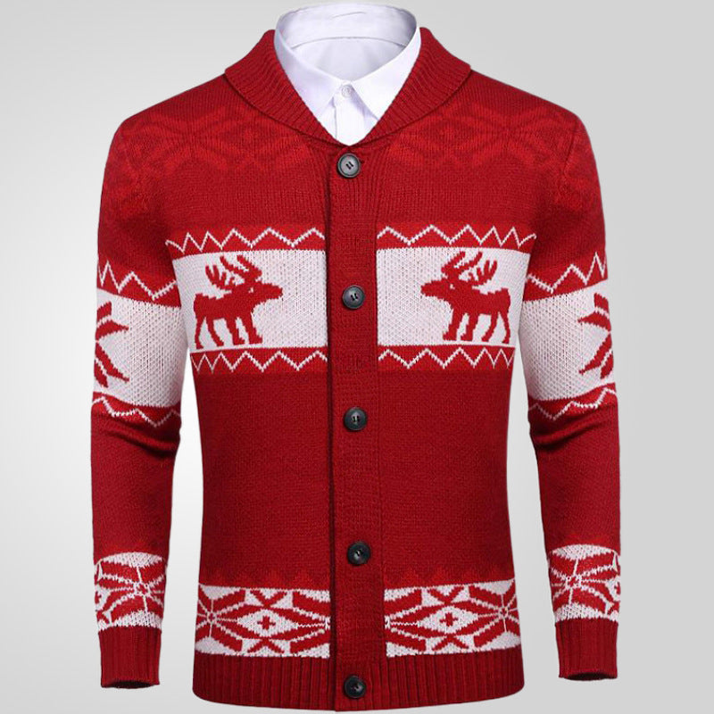Christmas Cardigan for Men – Red with Reindeer and Norwegian Patterns