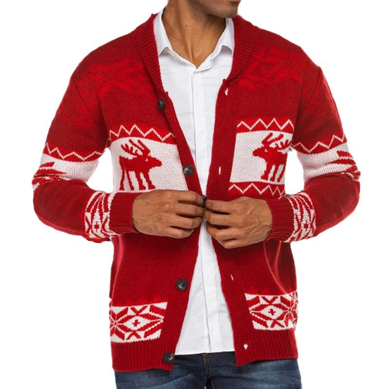 Christmas Cardigan for Men – Red with Reindeer and Norwegian Patterns