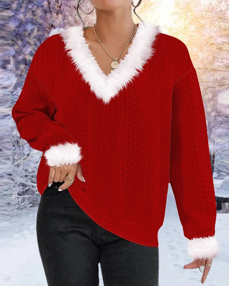 Ladies' Christmas Jumper with V-Neck and Contrast Trim | Red Festive