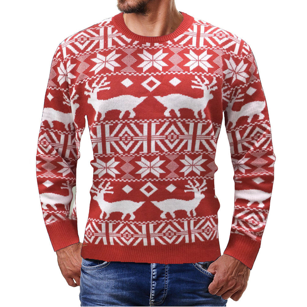 Christmas Jumper for Men – Red with Reindeer and Norwegian Pattern