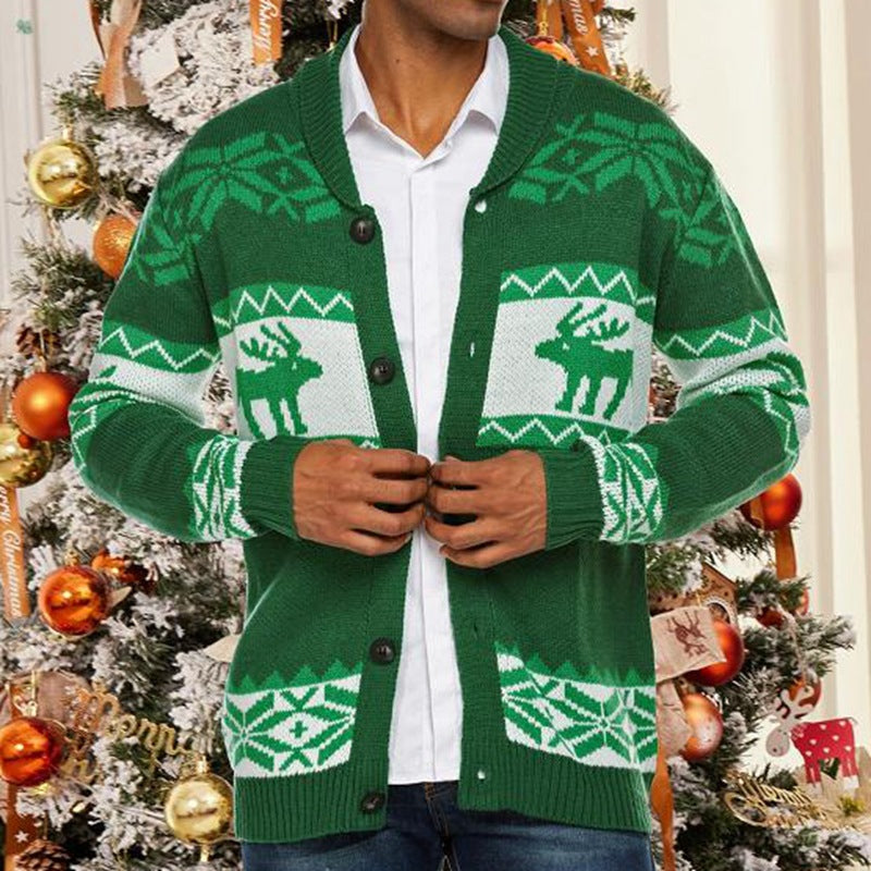 Christmas Cardigan for Men – Red with Reindeer and Norwegian Patterns